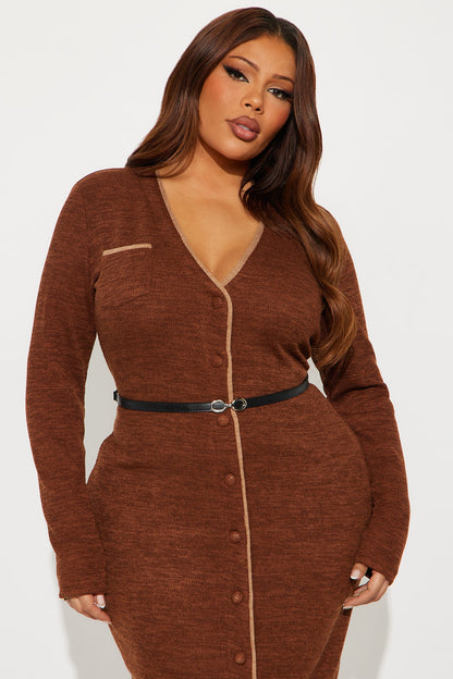 Genesis Belted Sweater Midi Dress - Brown Combo