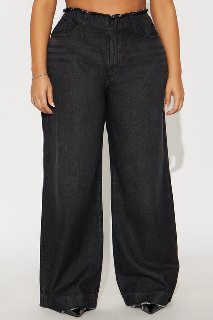 In Your Dreams Cut Off Waistband Baggy Jean - Black Wash