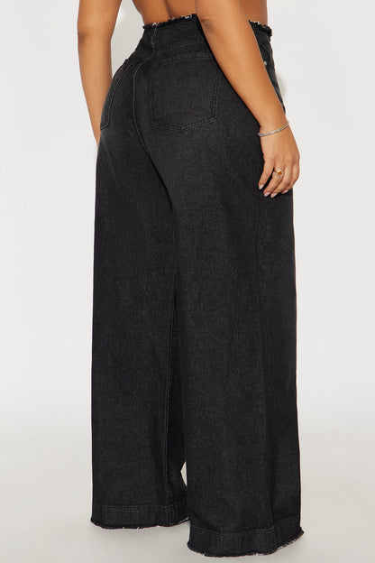 In Your Dreams Cut Off Waistband Baggy Jean - Black Wash