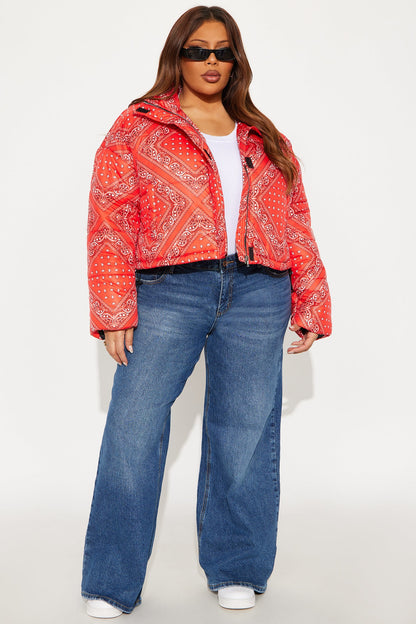 Vibe Check Cropped Paisley Puffer Jacket - Red