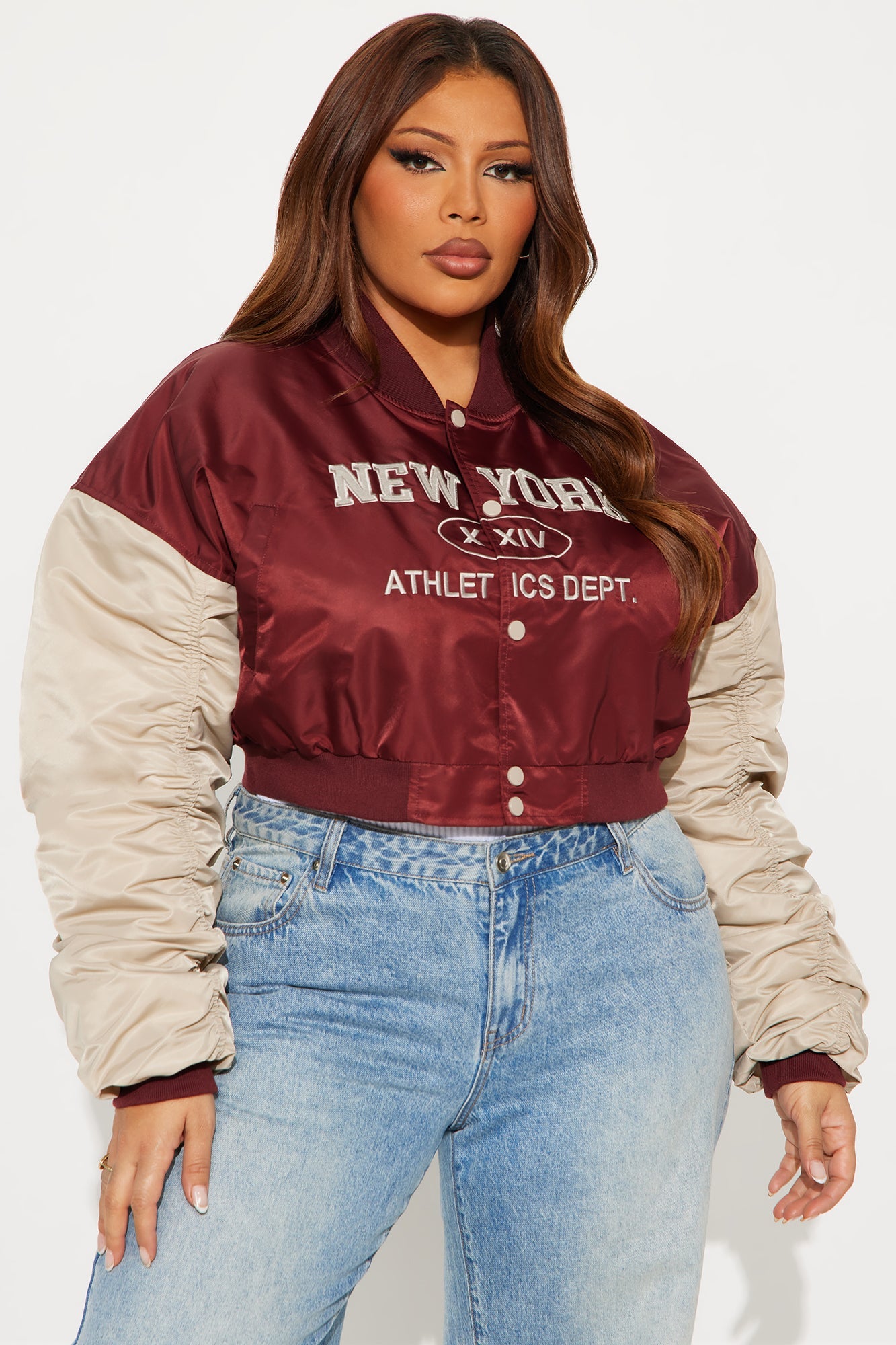 New York Athletics Cropped Ruched Bomber Jacket - Burgundy/combo