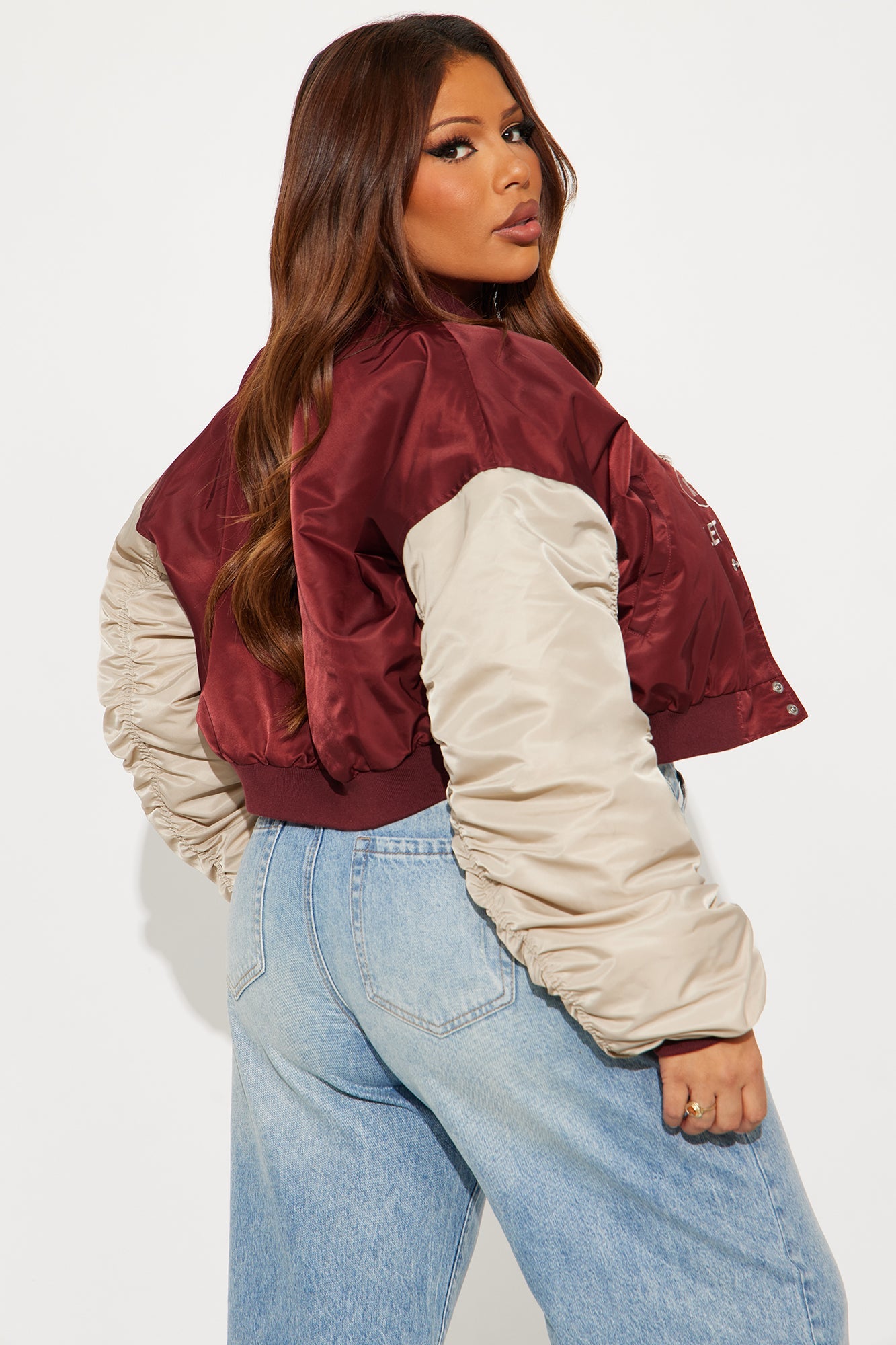 New York Athletics Cropped Ruched Bomber Jacket - Burgundy/combo