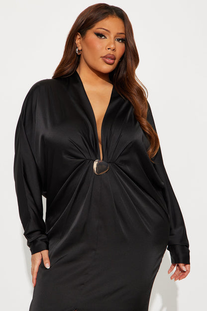 Bejeweled Pleated Satin Maxi Dress - Black