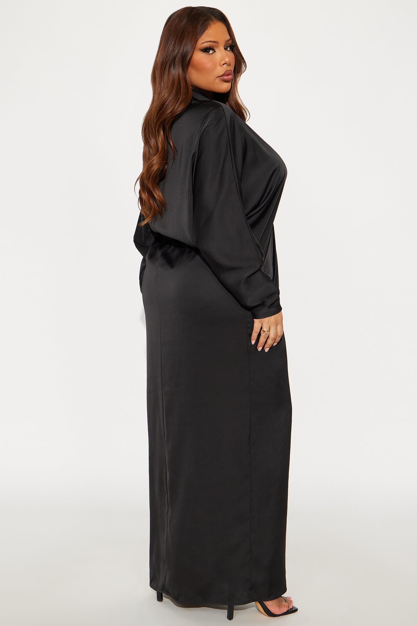 Bejeweled Pleated Satin Maxi Dress - Black