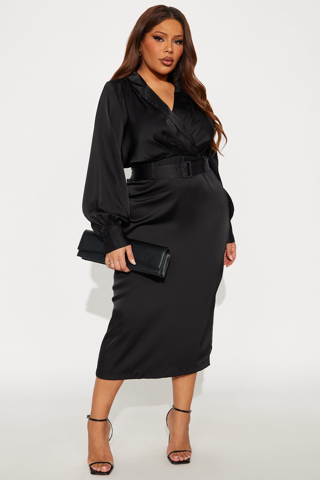 Braylynn Belted Satin Midi Dress - Black