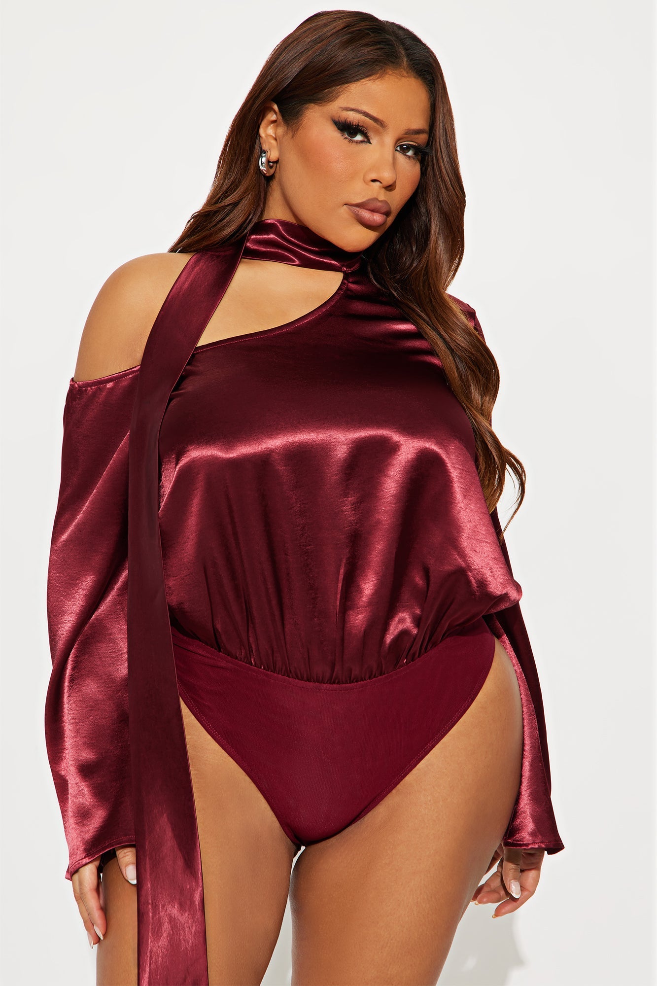 Adeline Satin Tie Neck Bodysuit Pant Set - Burgundy