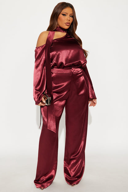 Adeline Satin Tie Neck Bodysuit Pant Set - Burgundy
