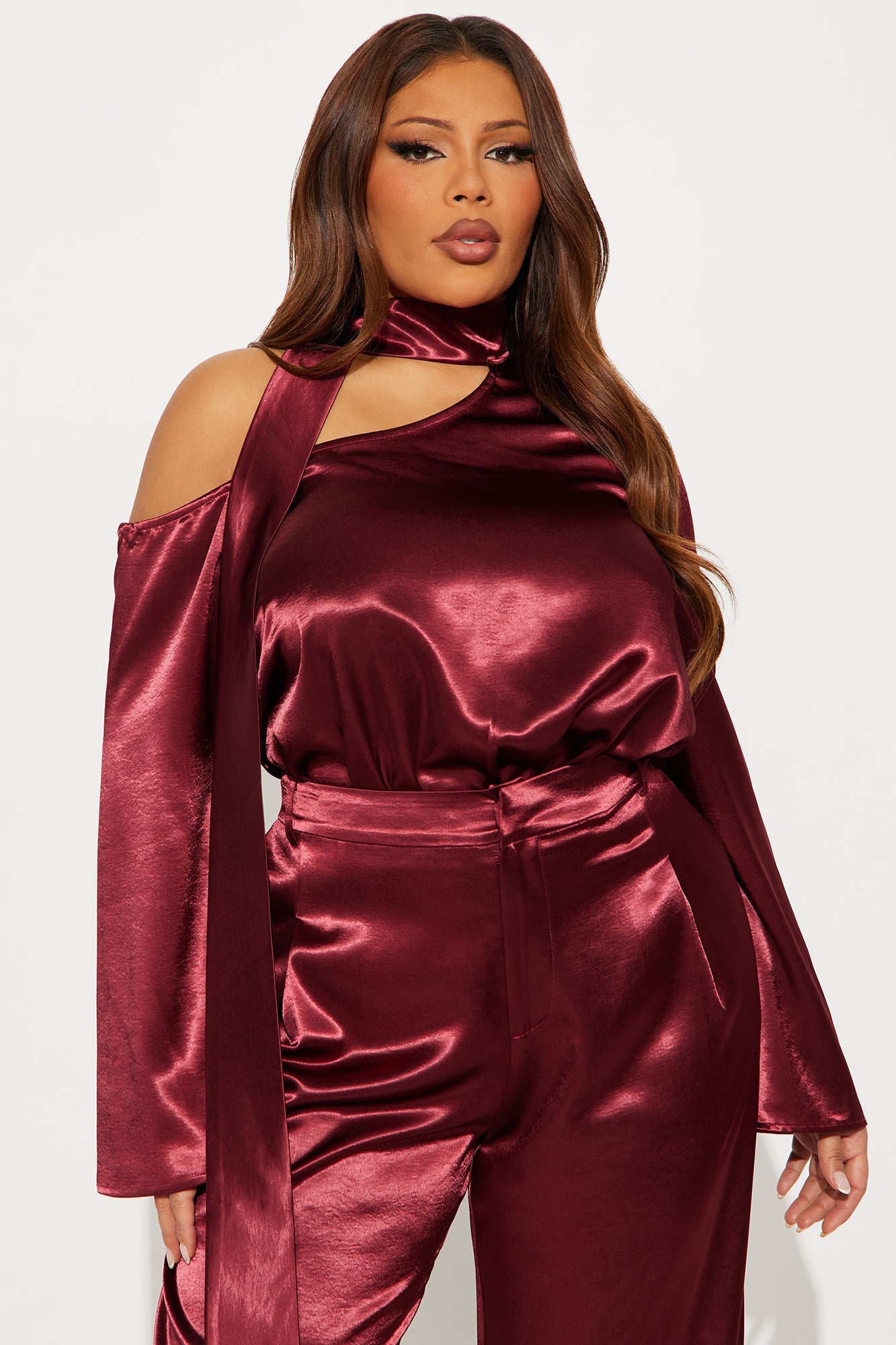 Adeline Satin Tie Neck Bodysuit Pant Set - Burgundy