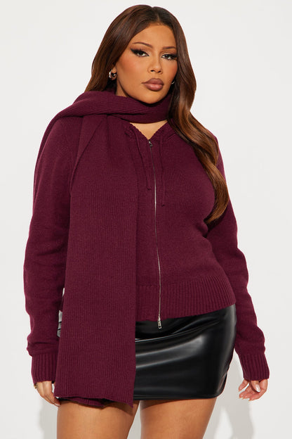 Knot Your Girl Zip Front 2pc Cardigan and Scarf Set - Burgundy