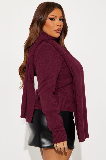 Knot Your Girl Zip Front 2pc Cardigan and Scarf Set - Burgundy