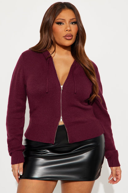 Knot Your Girl Zip Front 2pc Cardigan and Scarf Set - Burgundy