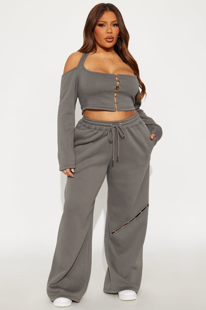 Love Language Fleece Pant Set - Charcoal