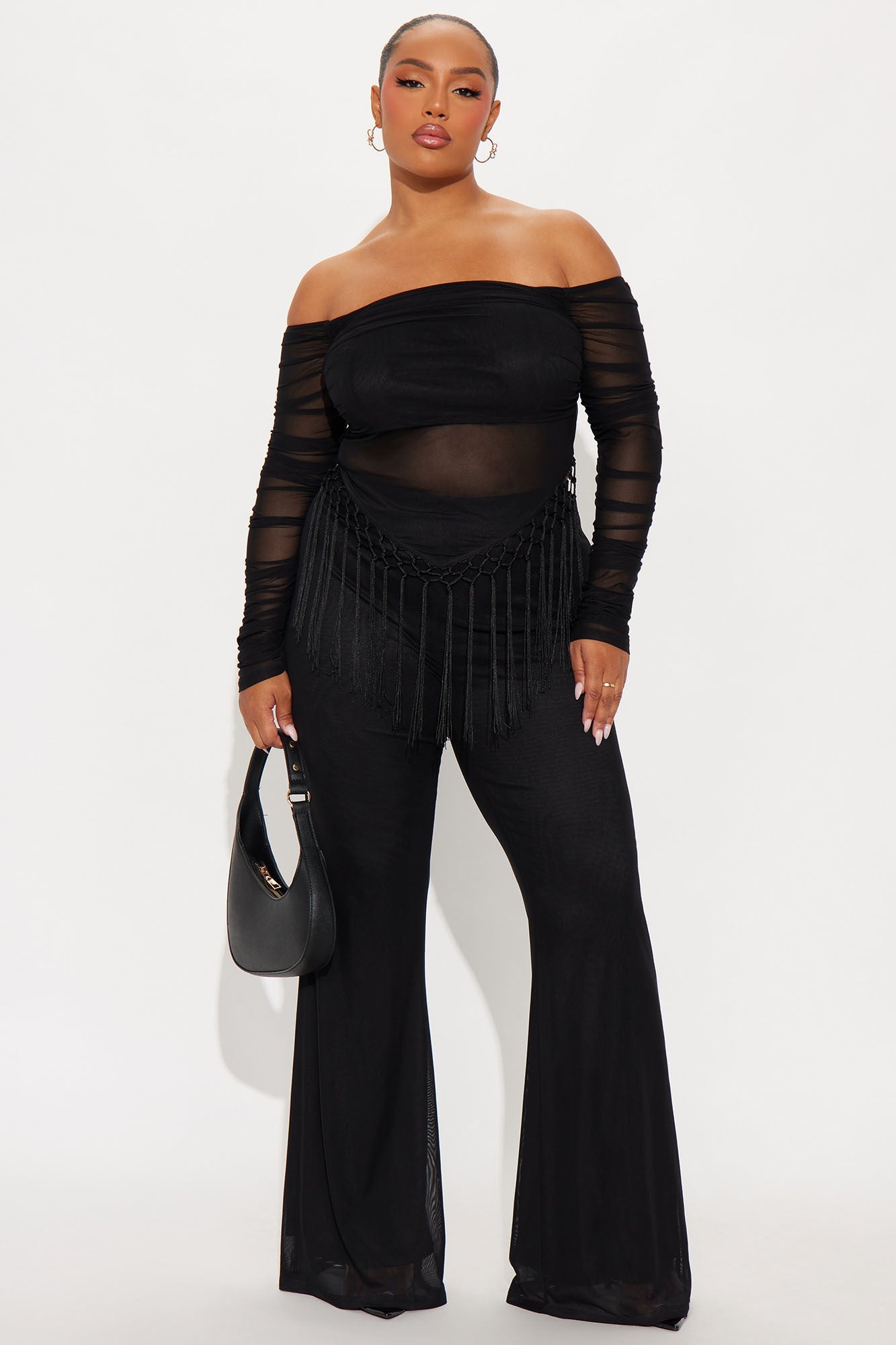 Fringe Desires Mesh Off Shoulder Pant Set - Black