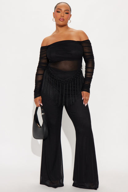 Fringe Desires Mesh Off Shoulder Pant Set - Black