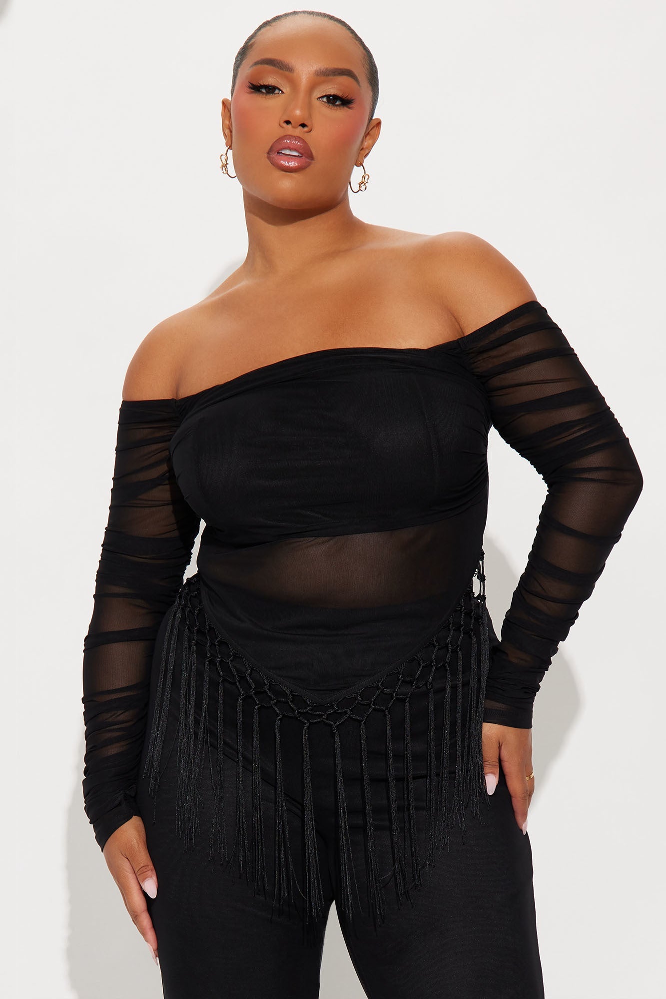 Fringe Desires Mesh Off Shoulder Pant Set - Black