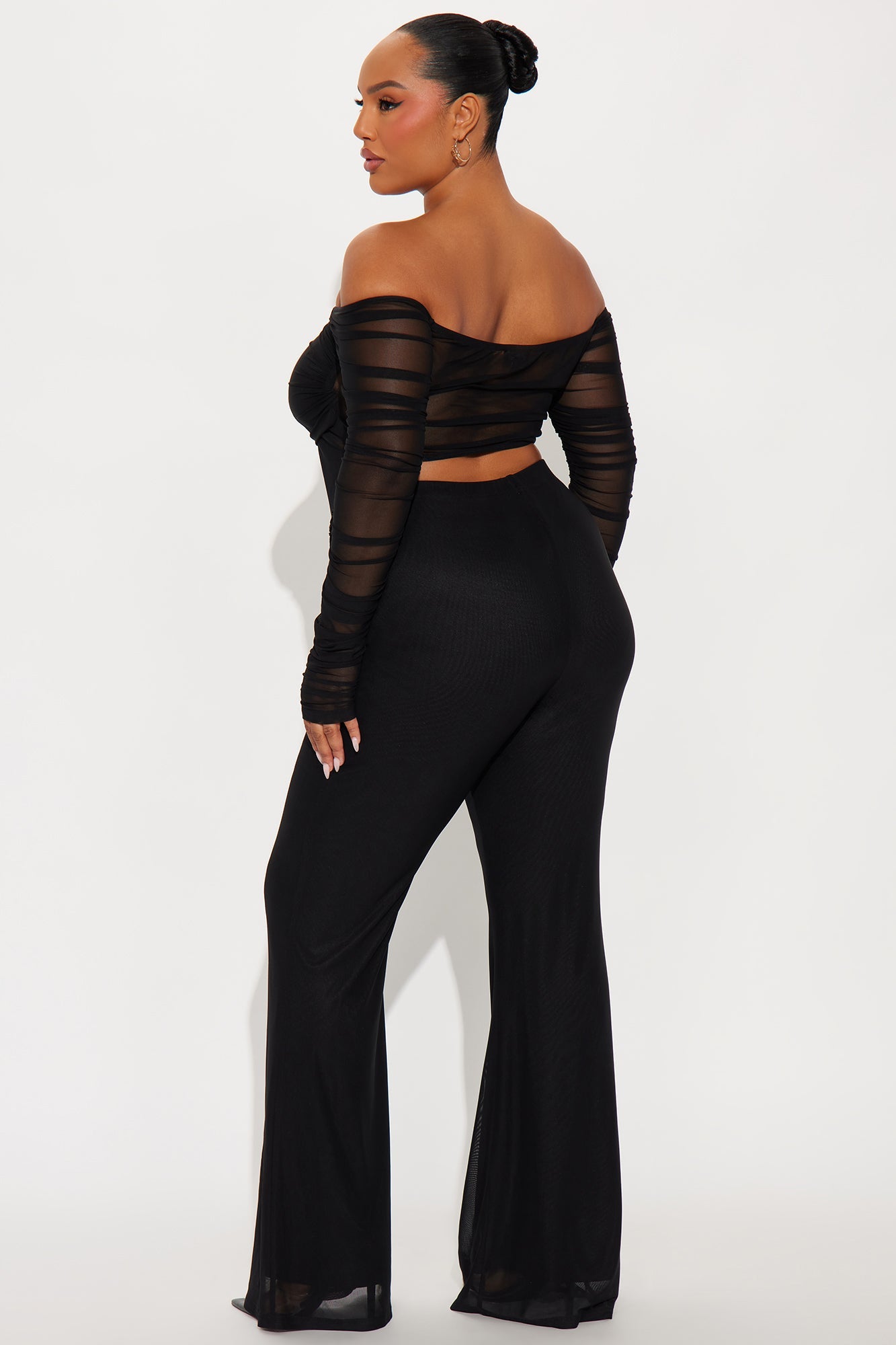 Fringe Desires Mesh Off Shoulder Pant Set - Black