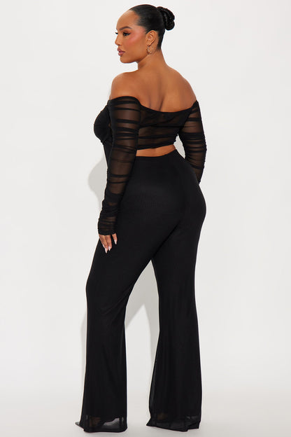 Fringe Desires Mesh Off Shoulder Pant Set - Black