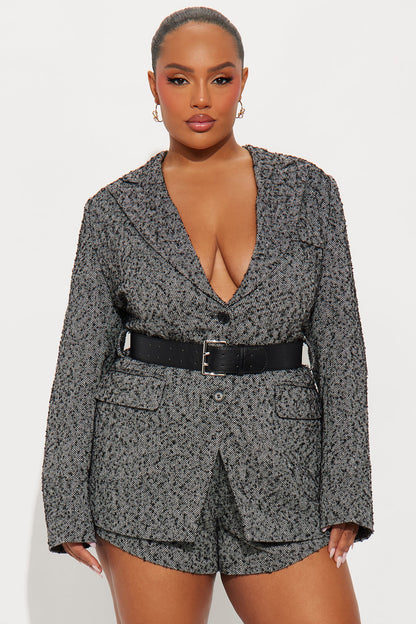 No Drama 3 Piece Belted Blazer Short Set - Black/White