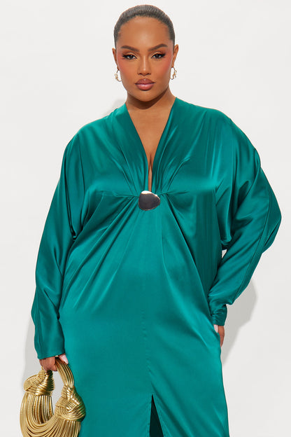 Bejeweled Pleated Satin Maxi Dress - Emerald