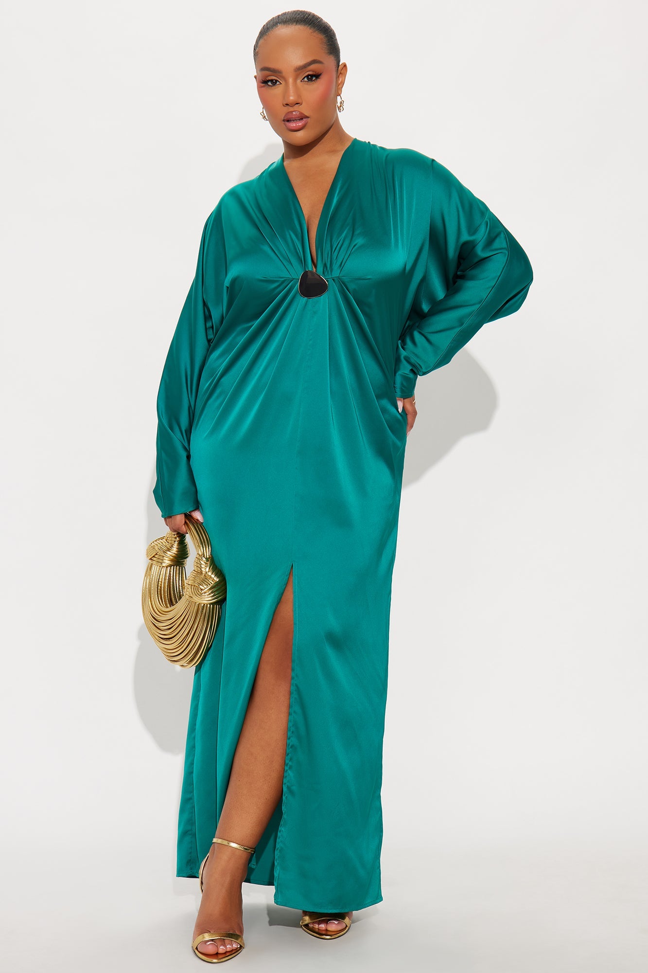 Bejeweled Pleated Satin Maxi Dress - Emerald