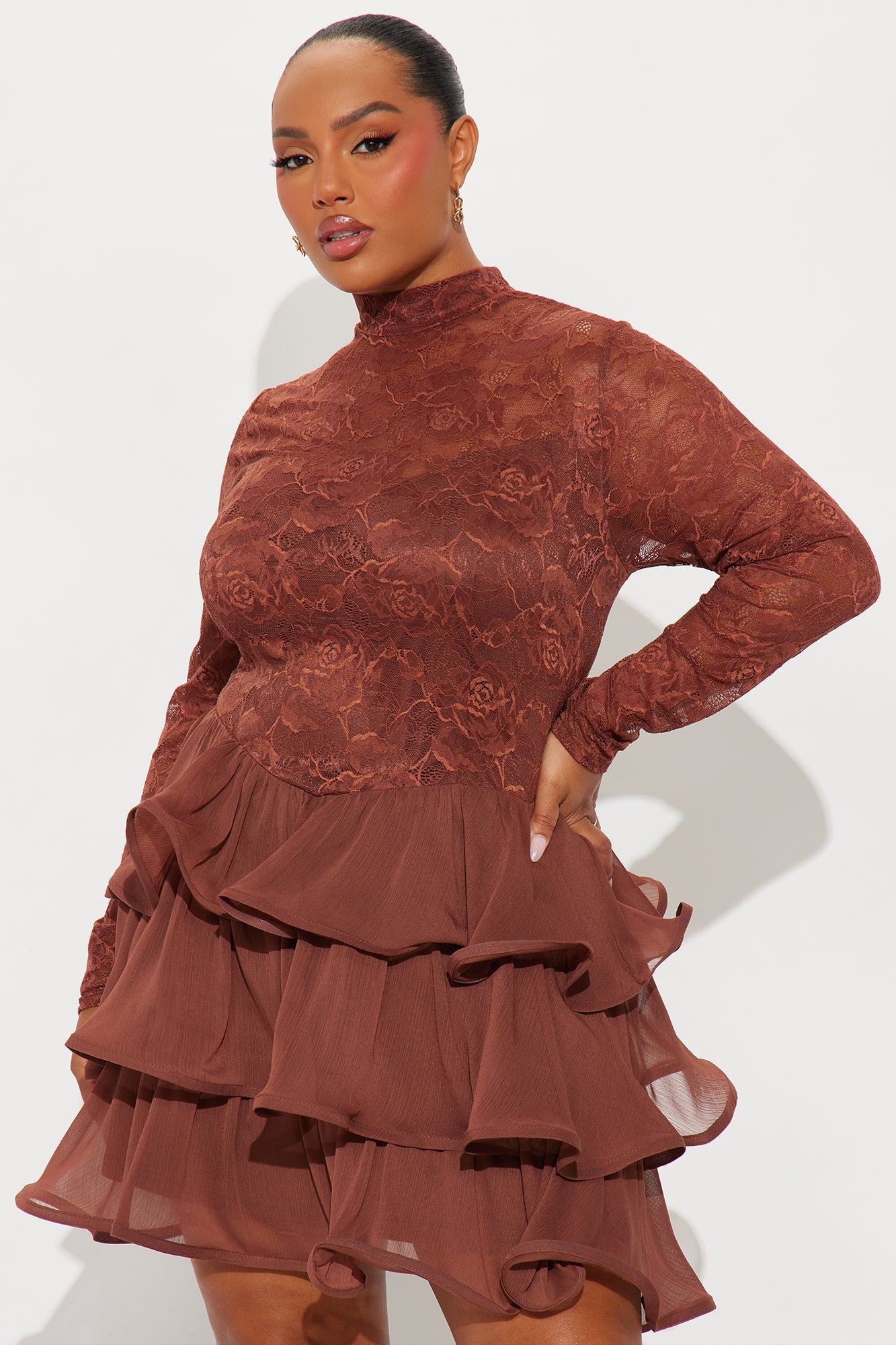 Emilia Ruffle Lace Mini Dress - Brown