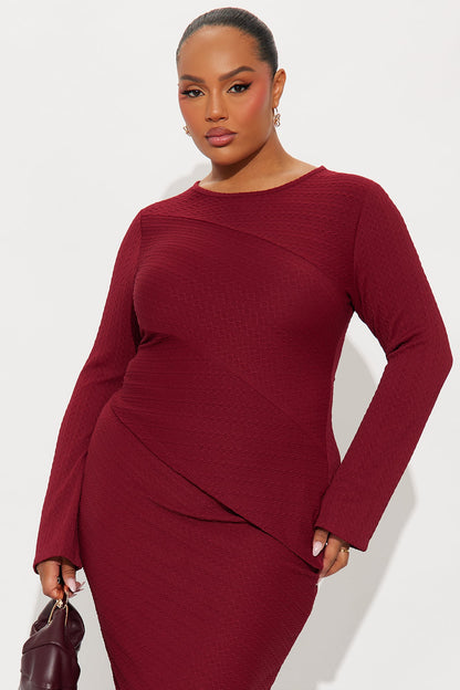 Date Ready Asymmetrical Textured Midi Skirt Set - Burgundy