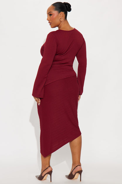Date Ready Asymmetrical Textured Midi Skirt Set - Burgundy