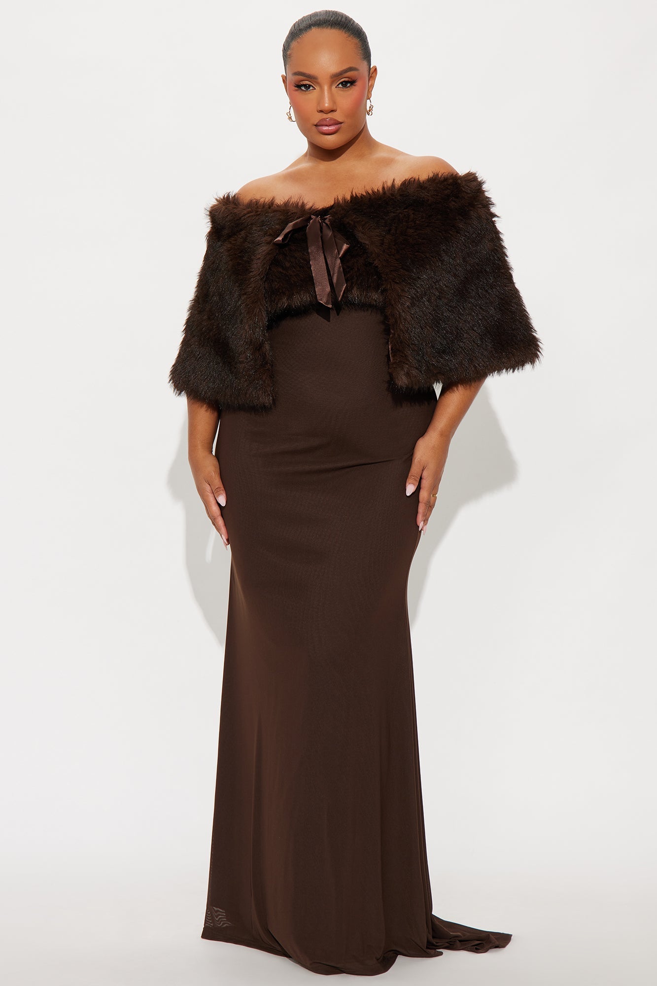 Glam Theory 2 Piece Faux Fur Gown - Chocolate