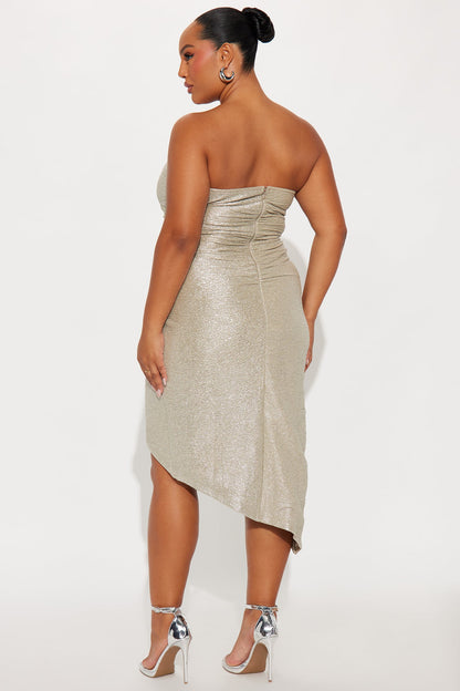 Aislinn Asymmetrical Metallic Midi Dress - Champagne
