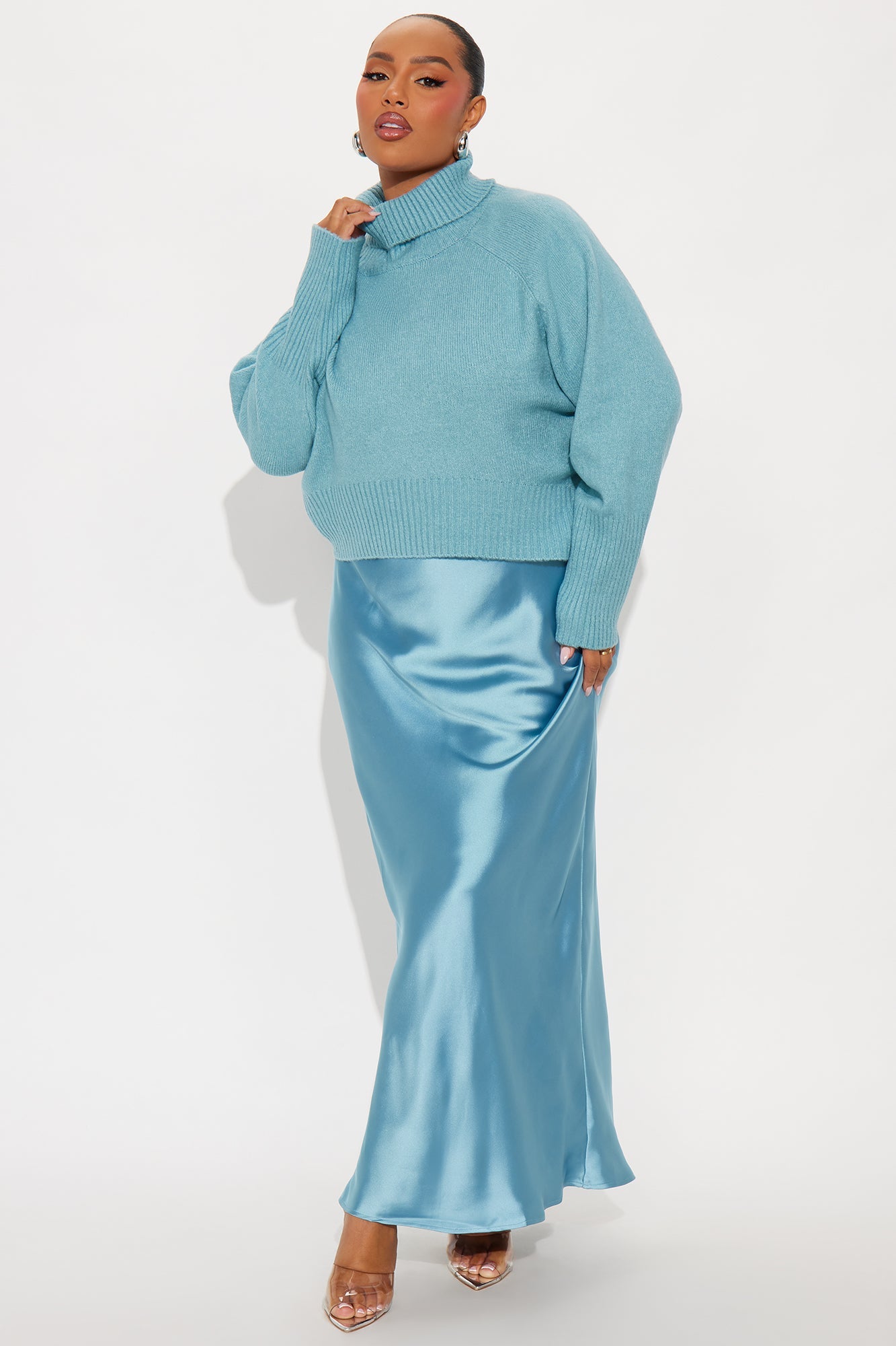 Always Near Satin Sweater Maxi Dress Set - Blue