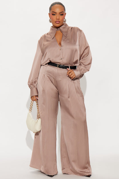 Emma Satin Pinstripe Pant Set - Taupe
