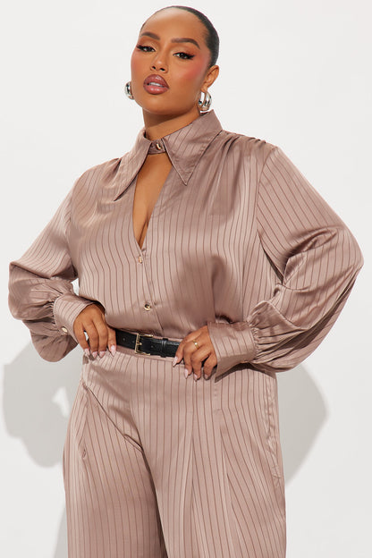 Emma Satin Pinstripe Pant Set - Taupe