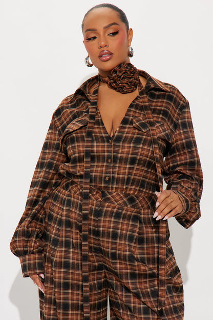Zakai Plaid Pant Set - Brown Combo