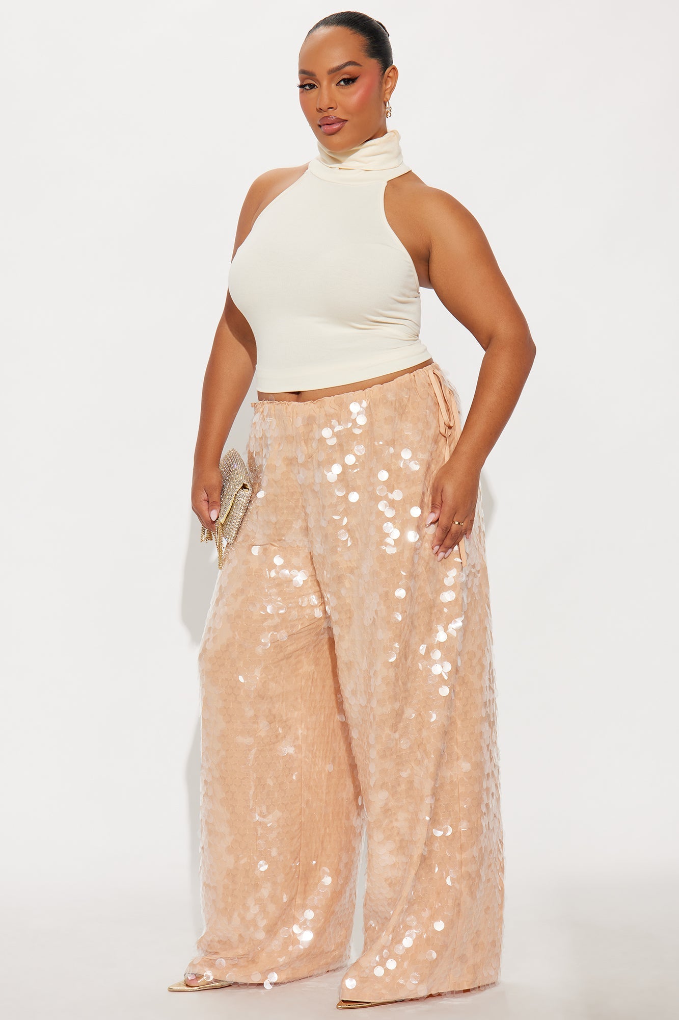Mae Low Rise Sequin Wide Leg Pant - Nude