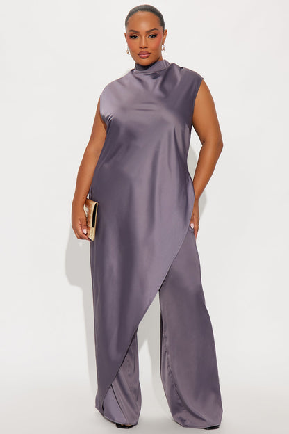 Camille Asymmetrical Satin Pant Set - Grey