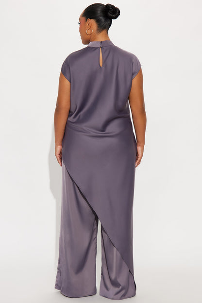 Camille Asymmetrical Satin Pant Set - Grey
