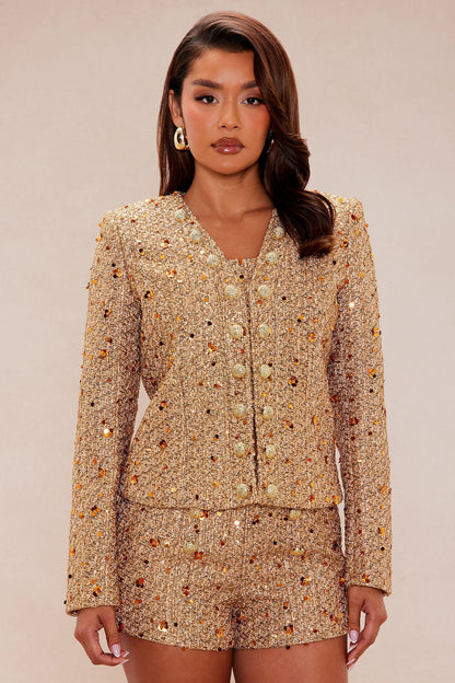 Georgina Embellished Tweed 3 Piece Short Set - Gold