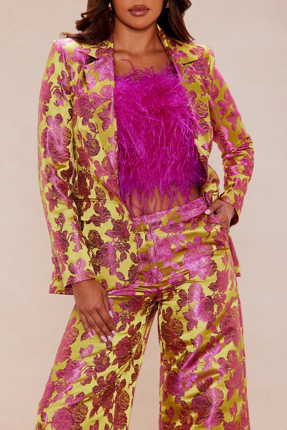 Chelsey Floral Jacquard 3 Piece Pant Set - Green/combo