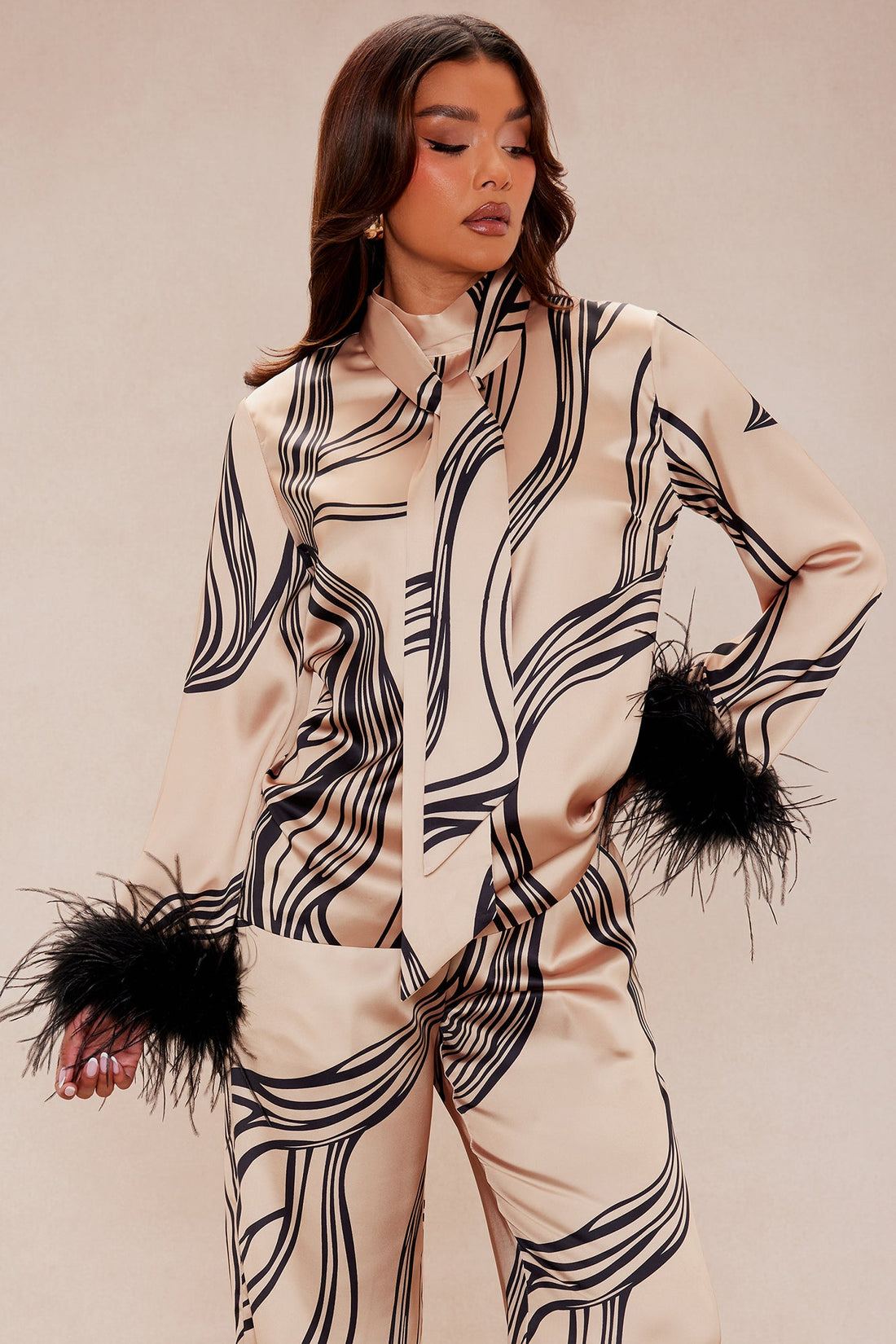 Daphne Fur Satin Pant Set - Taupe/combo