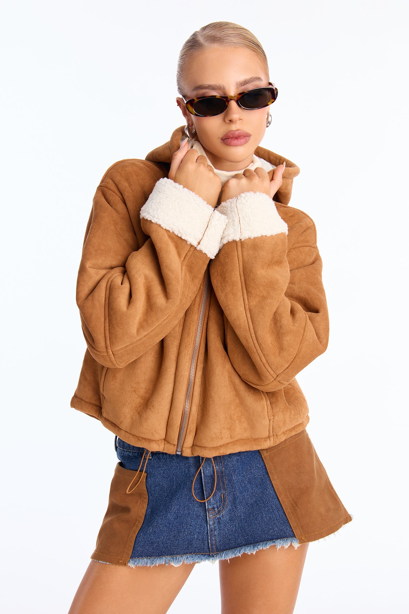 Eskimo Kiss Faux Suede Hooded Coat - Camel