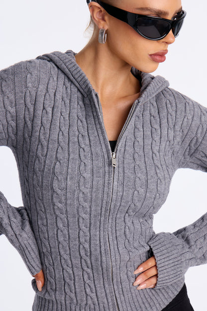 Leina Cable Knit Hooded Cardigan - Heather Grey