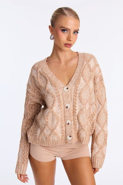 Snow Daze Cable Knit Cardigan - Taupe
