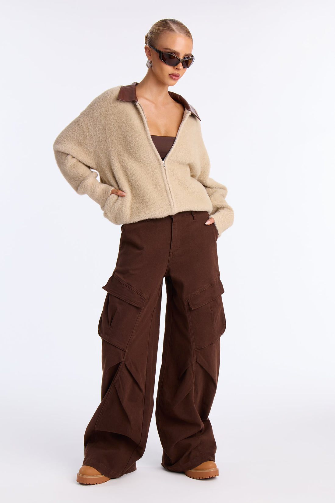 Got That Sense Front Zip Fuzzy Cardigan - Taupe/combo
