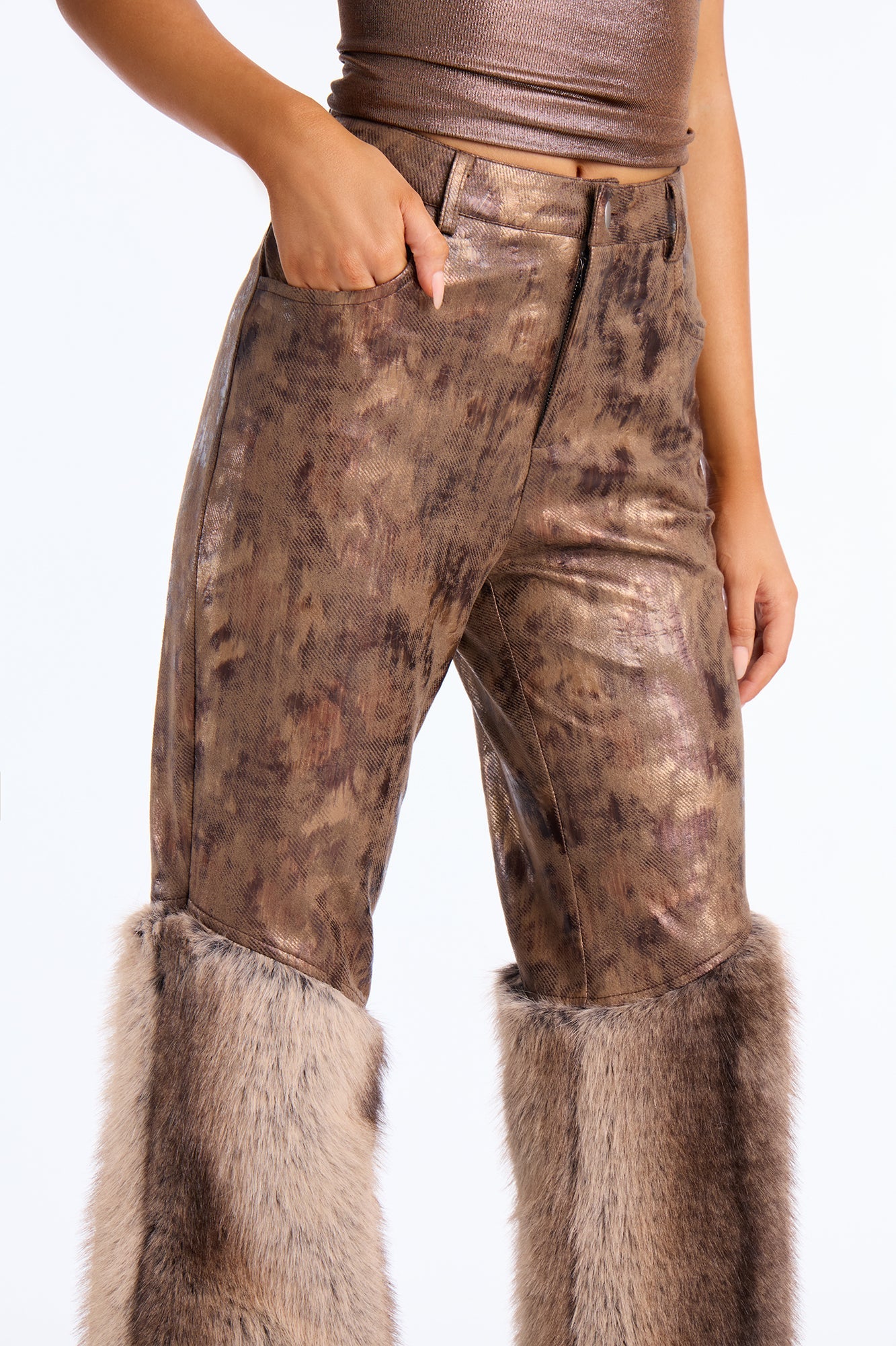 Jaden Faux Fur High Rise Skinny Pant 29″ - Brown/combo