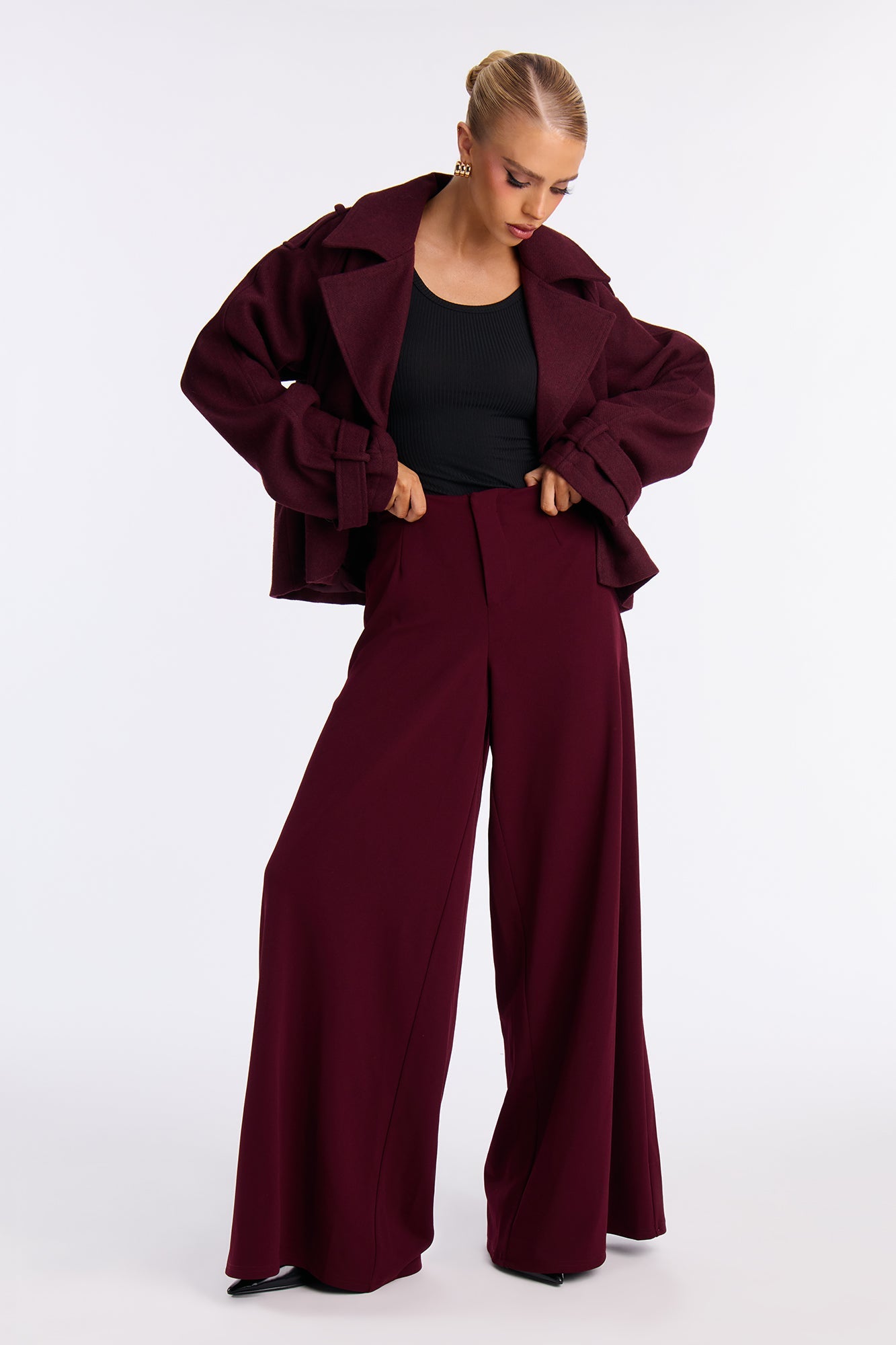 Cosette Crepe Super Wide Leg Trousers 33 - Burgundy