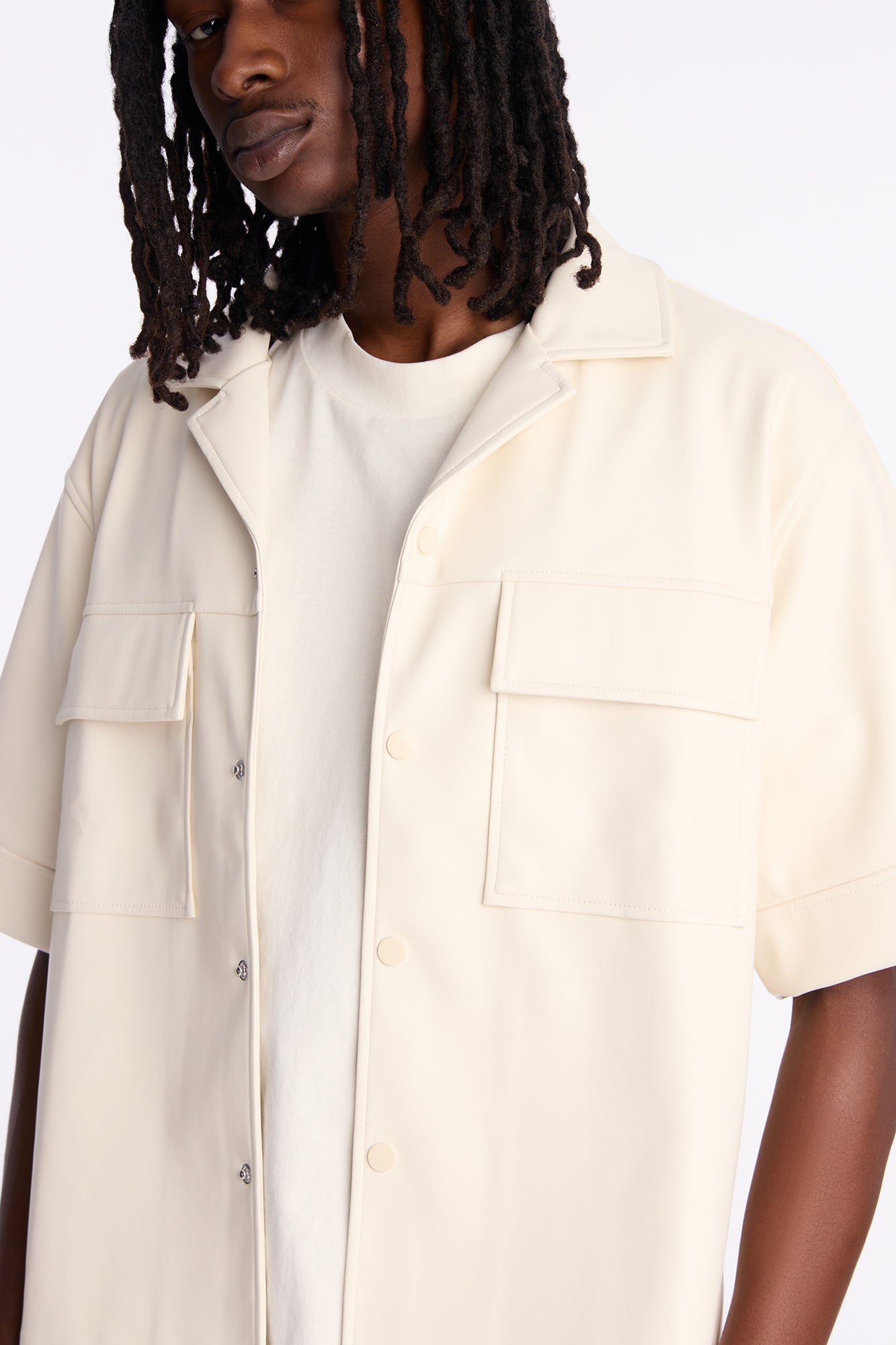High Stepper Faux Leather Button Up Shirt - Off White