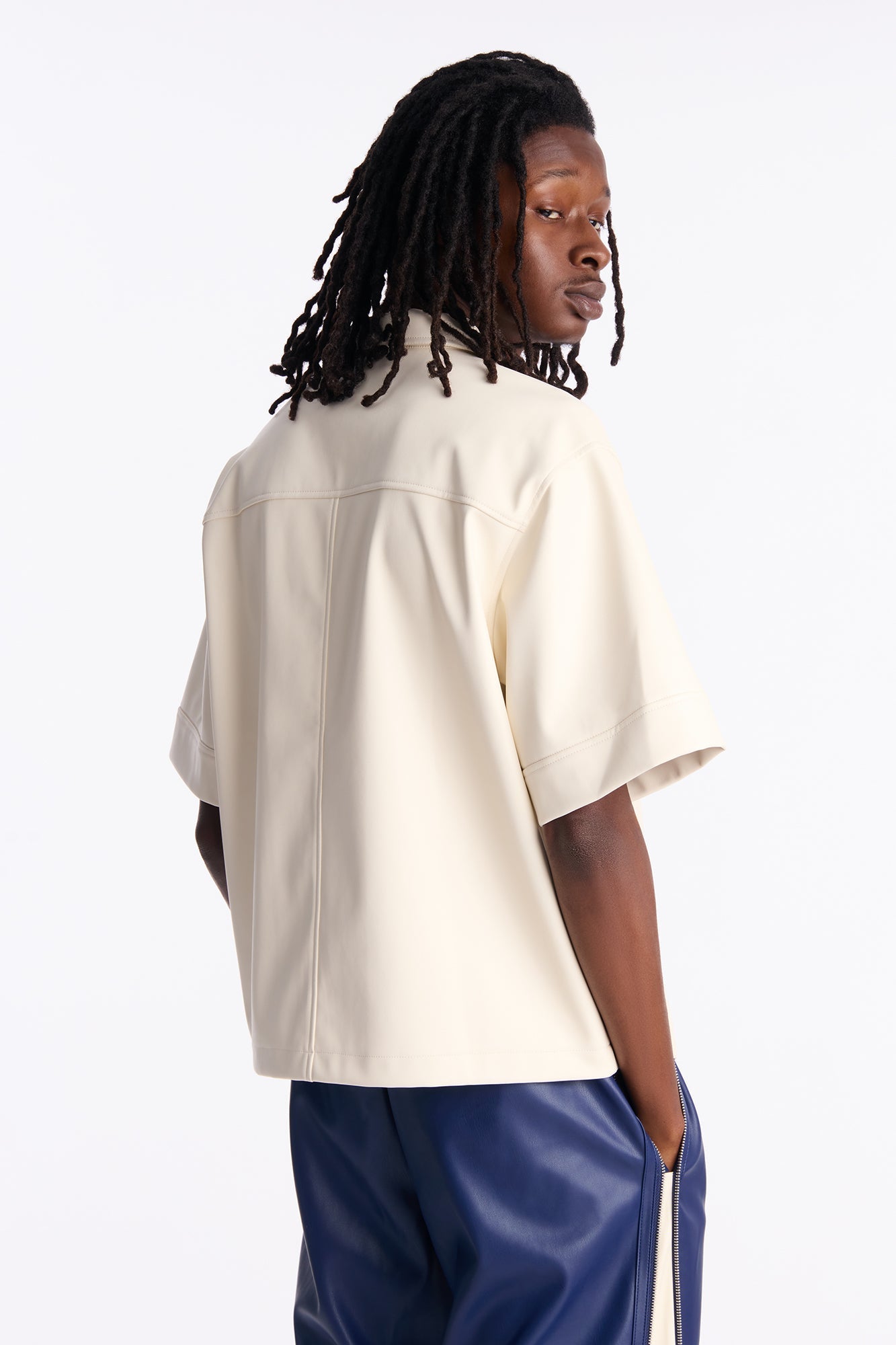High Stepper Faux Leather Button Up Shirt - Off White