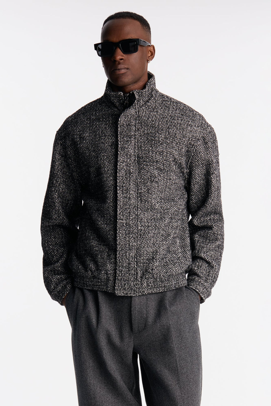 Elevated Textured Mock Neck Bomber Jacket - Black/White