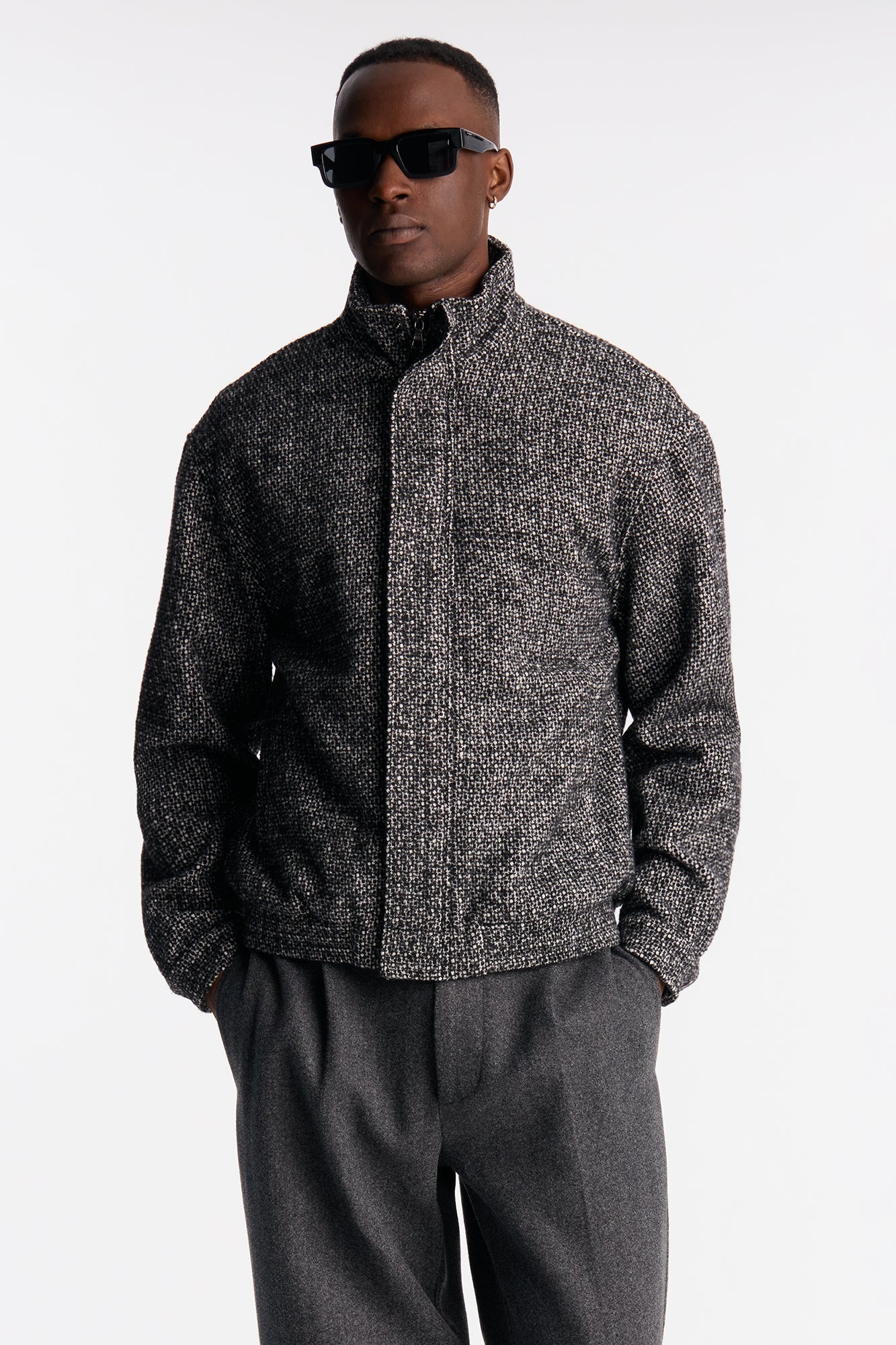 Elevated Textured Mock Neck Bomber Jacket - Black/White