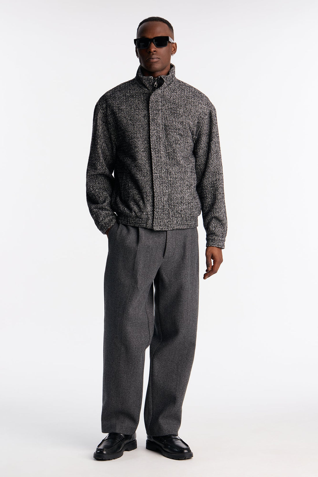 Elevated Textured Mock Neck Bomber Jacket - Black/White